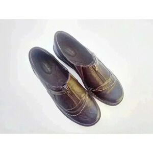Clarks Womens Loafers Shoes Brown Leather Round Toe Front Zipper 7M